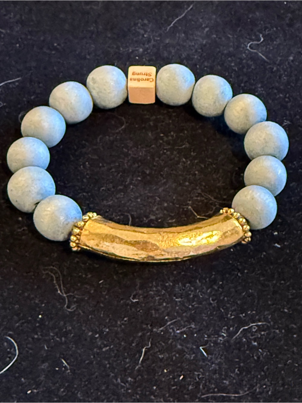 Light blue Beaded Bracelet with Gold Curved Bar and wood bead Carolina Strong